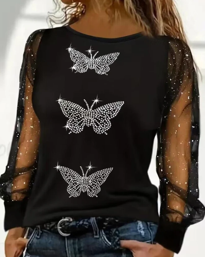 

New Long Sleeved Casual Water Diamond Butterfly Pattern Sparkling Mesh Patchwork T-Shirt for Girls