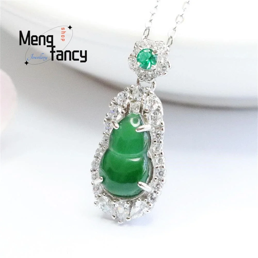 

S925 Silver Lnlaid Natural Jadeite Ice Green Gourd Pendant Exquisite Elegant Simple High-grade Fashion Luxury Quality Jewelry