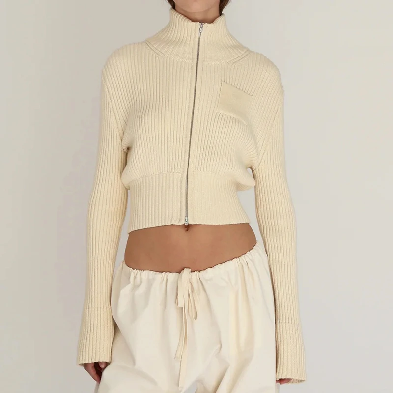 Oniflyme Mode Vrouwen Gebreide Trui Herfst Winter Rits Lange Mouw Slanke Vest Tops Streetwear Basic Casual Crop Truien