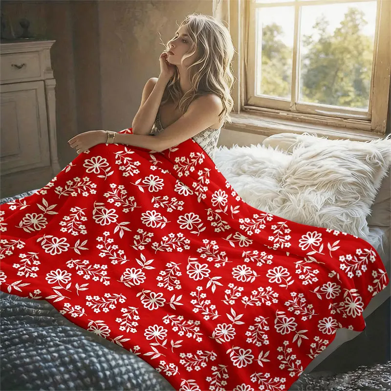 White Flowers Red Flannel Blanket Perfect for Sofa Office Bed Travel Sleep Read Relax Camping Four Season Use