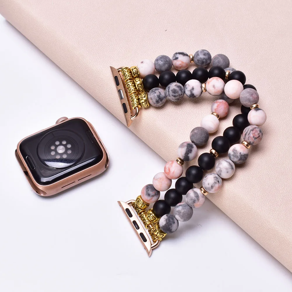 Premium Matte Pink Black Onyx Apple Watch Band 38mm 40mm 41mm 42mm 44mm 45mm Beaded Bracelet Strap for Women Iwatch Series 1-SE