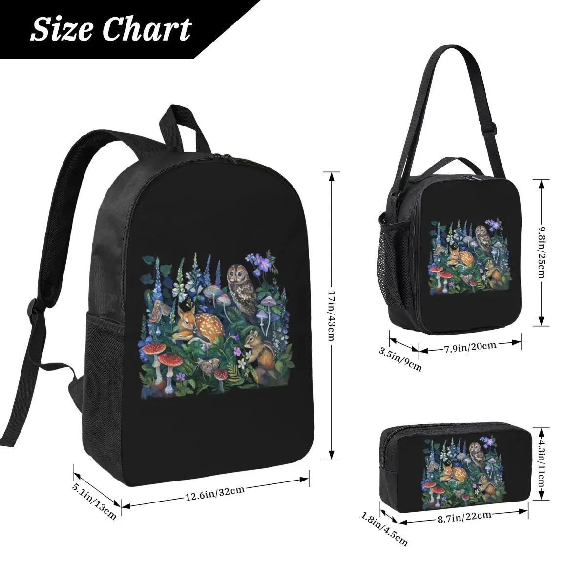 Enchanted Forest Backpack Boys Girls BookBag School Bag Computer Shoulder Bags 3ps Insulated Lunch Bag Pencil Case