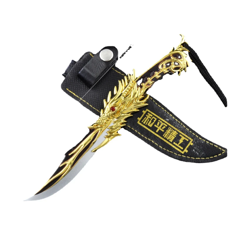Juego de 17cm/6,69 pulgadas para la paz, cinco garras, daga de dragón dorado, cuchillo pequeño con funda, modelos de armas de Metal, juguetes, adornos, llaveros