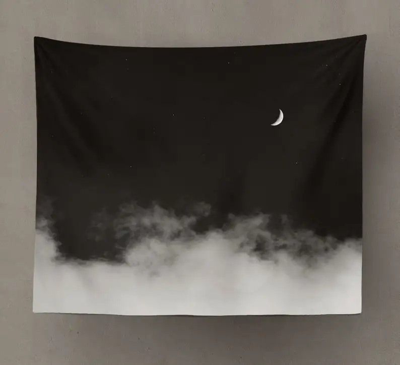 Black And White Ombre Night Sky With Crescent Moon And Clouds Tapestry