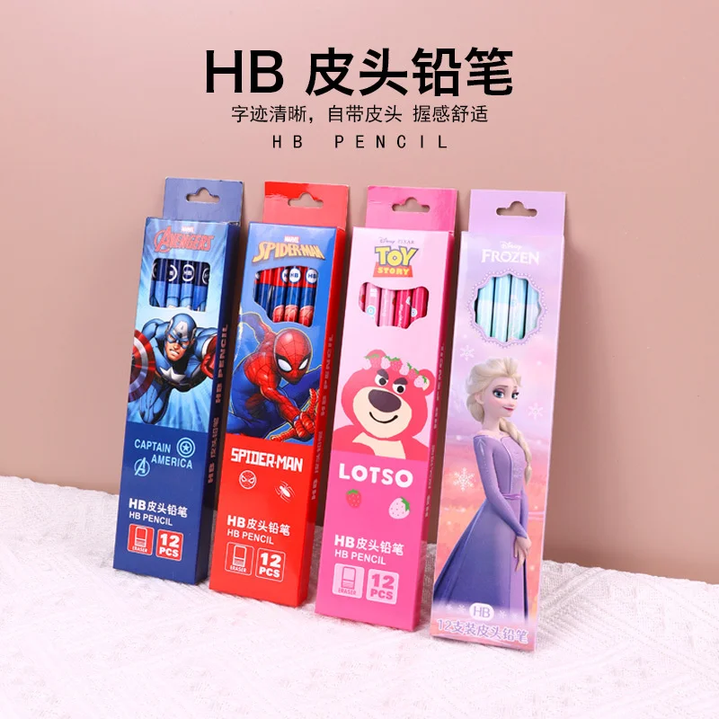 12Pcs Disney Spider-Man Children's Pencil Captain America Elsa Lotso Charm Cartoon Beautiful  School Supplies Stationery Gifts