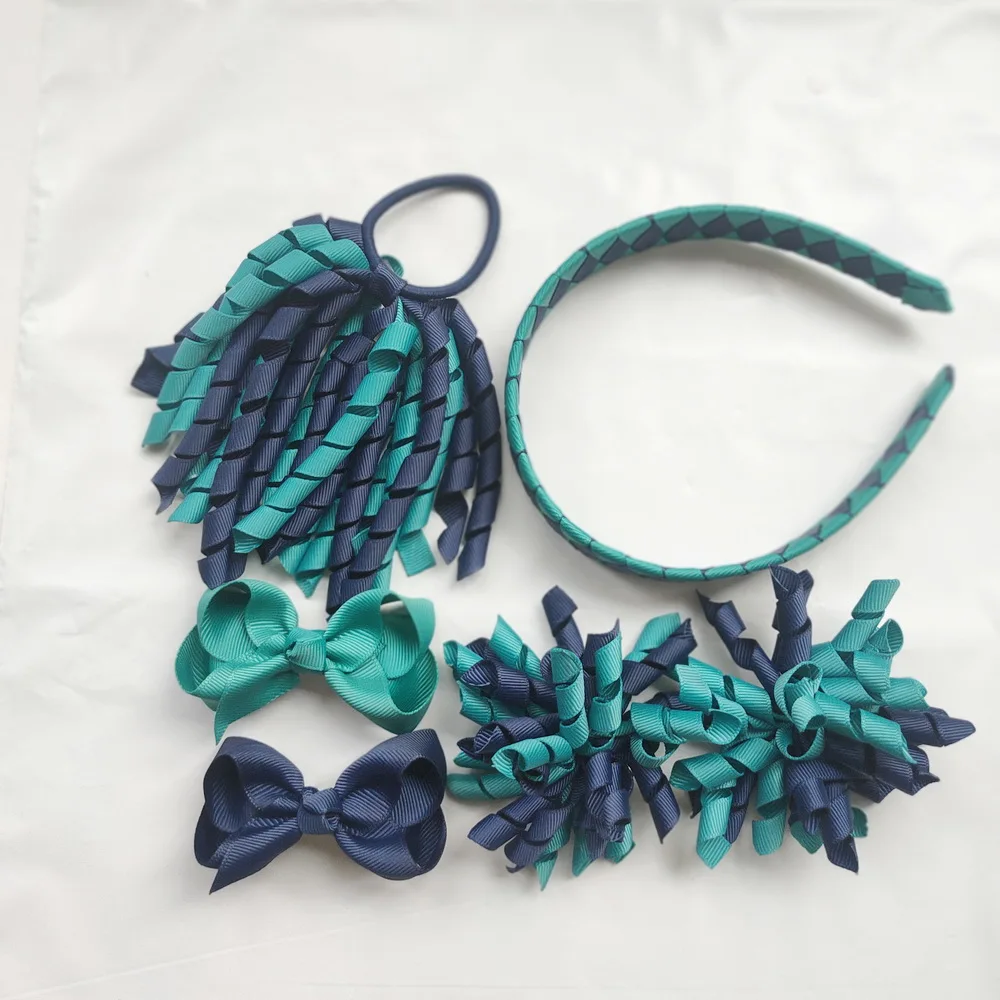 Custom Color 6PCS/LOT Girl Curly Ribbon Korker Woven Headband Hair Band Ties Bows Clips Ponytail Holders Corker 6 SetS view 6