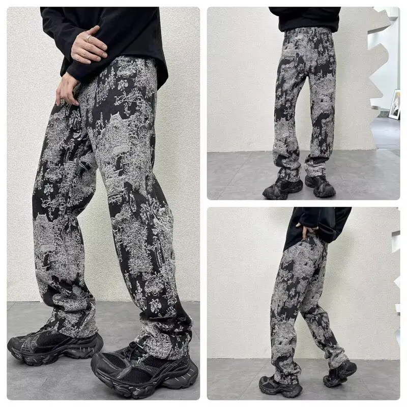 American Style Vintage Men's Straight-Leg Wide-Leg Jeans Casual Streetwear Loose-Fit Distressed Printed Pants
