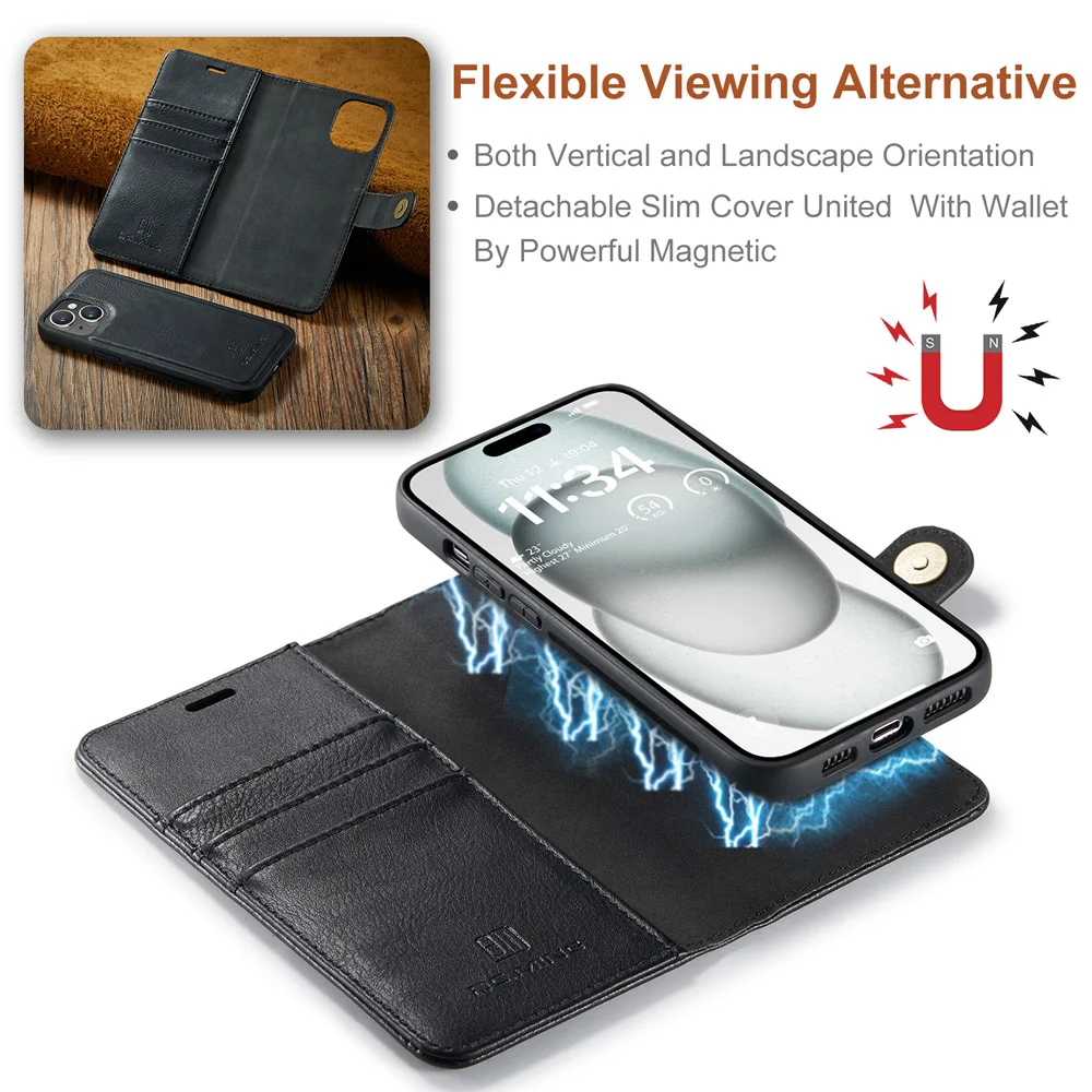 2 in 1 Magnetic Detachable Flip Leather Wallet Phone Case for IPhone 15 14 13 12 11 Pro Max Plus XS XR X Card Holder Cover Coque