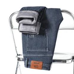 2024 Thick Warm Winter New Men Fleece Jeans Business Casual Stretch Straight Denim CowBoy Student Trousers Male Classic