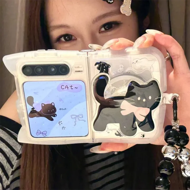 

z flip7 case Cute Magnetic Cat Stand Clear Case For Samsung Galaxy Z Flip 7 Zflip6 Zflip5 Zflip4 Zflip3 Phone Case 3d Soft Cover