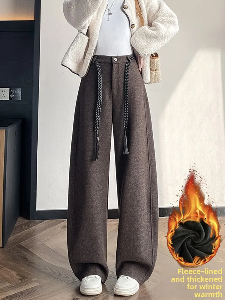 

Утепленные флисовые брюки с высокой талией и широкими штанинами для женщин, новые теплые повседневные брюки на шнурке, осенне-зимние длинные брюки