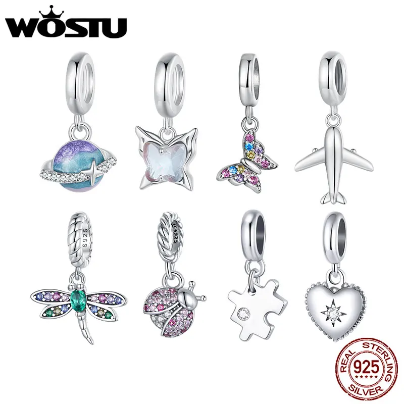 WOSTU 925 Sterling Silver Mini Airplane Pendant Butterfly Charms Rainbow Planet Beads Fit DIY Bracelet Necklace Jewelry Making