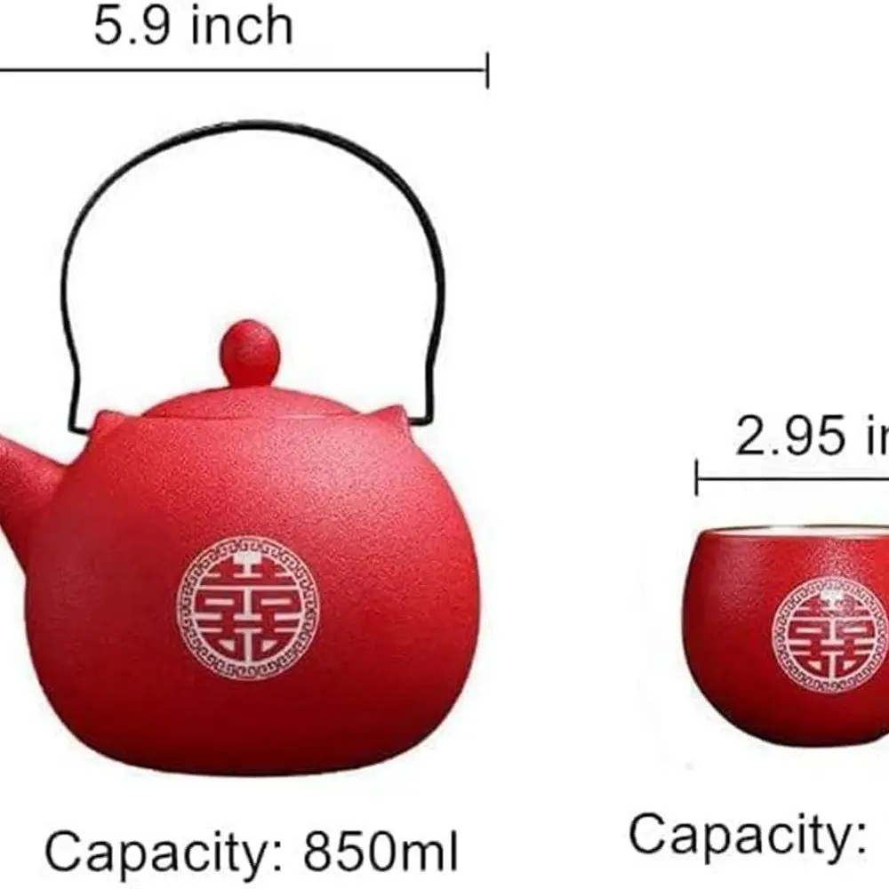 Traditional Chinese Double Happiness Ceramic Tea Set for Weddings, 1 Teapot, 8 Cups, Gift-boxed