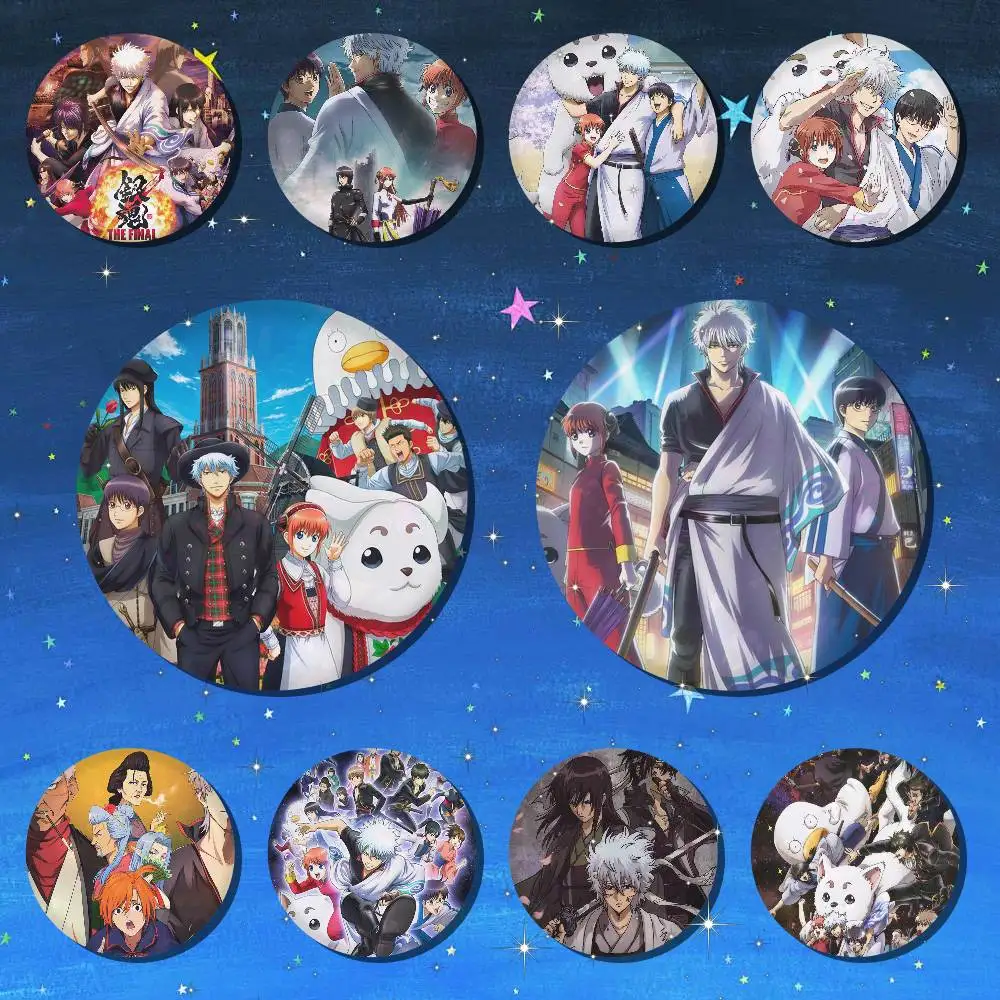 Anime Gintama Abzeichen für Rucksack-Accessoires, Manga-Icons, Pins, runde Cartoon-Broschen für Kleidung, Taschen, Dekoration, Geschenke