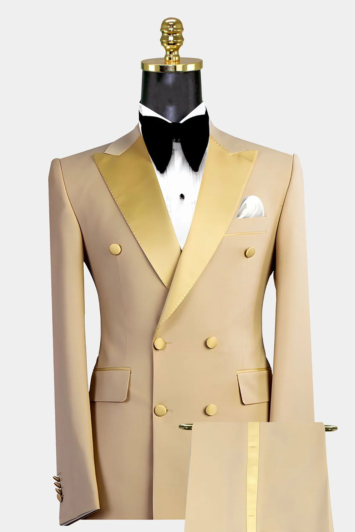 Gold Men Suits 2 Pieces Blazer Pure Pants Double Breasted Tuxedo Modern SatinWide Lapel Wedding Formal Work Prom Causal Tailored