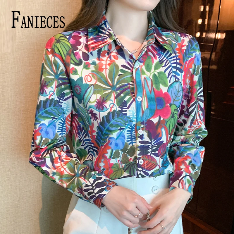 FANIECES Vintage Hawaii Print Women Shirt Autumn Long Sleeve Tops Fashion Streetwear Personal Blouses 한국인후기많은옷 рубашка мужская