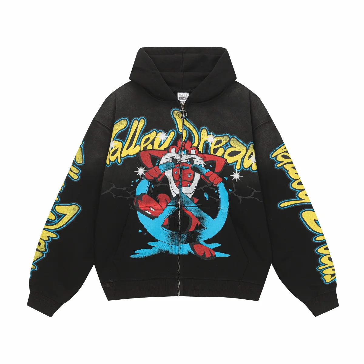 

Retro American V Valley Cartoon Print Hooded Open Cardigan Sweatirt Loose Casual Zipper Jaet for Men And Women