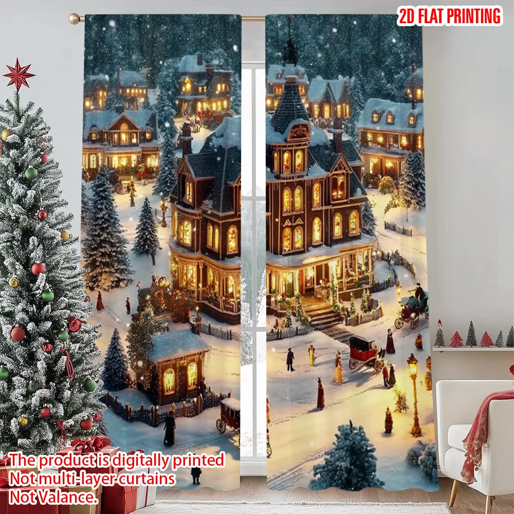 

2pcs 2D flat printing Merry Christmas Popular Party Window Curtains Vintage Village Versatile Fabric Without Electricity Festive