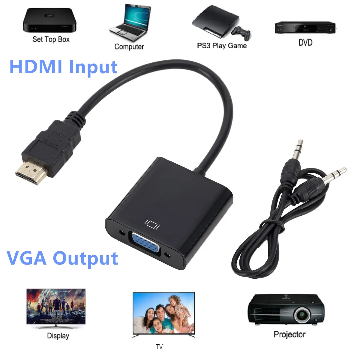 HDMI to VGA Adapter Cable Male To Female HDMI TO VGA Converter Adapter 1080P Digital to Analog Video Audio For Tablet