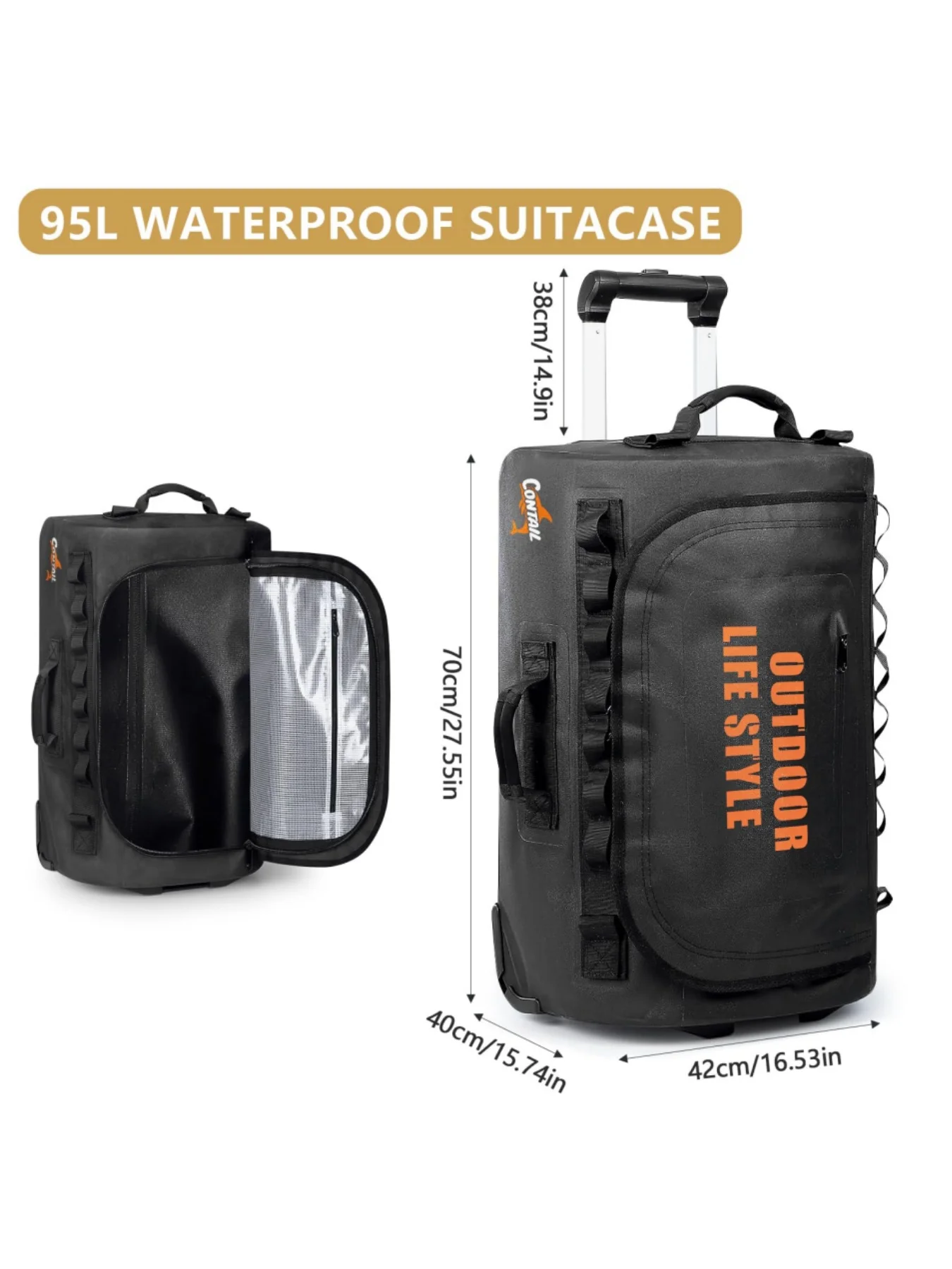 95-Liter-Tauchertasche mit Rollen, ausziehbarem Doppelgriff und abnehmbaren Rucksackgurten, geeignet für Tauchausrüstung, schwarz, Wochenendtasche – Detail 6
