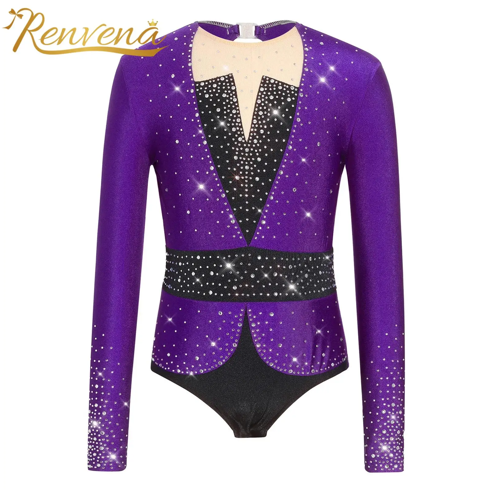 Children Shiny Rhinestone ColorBlock Bodysuit Dancewear Ballet Dance Jumpsuit Kids Girls Figure Skating Gymnastics Dance Leotard