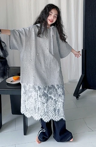 

Korean Children's Clothing Girls' Lace Patchwork T-shirt Skirt 2025 Summer New Style Children's Fashion Medium Long Dress
