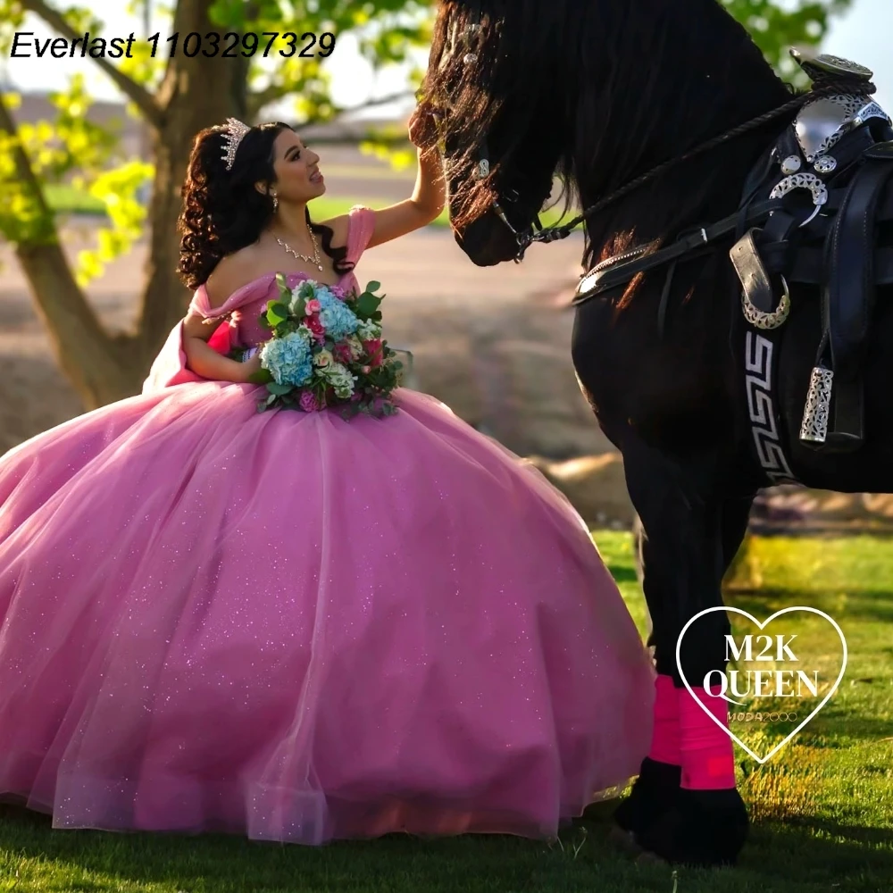 EVLAST dostosowana różowa sukienka na quinceanera suknia balowa aplikacja z kokardką z koralików meksykański gorset Sweet 16, Vestido De 15 Anos QD1086