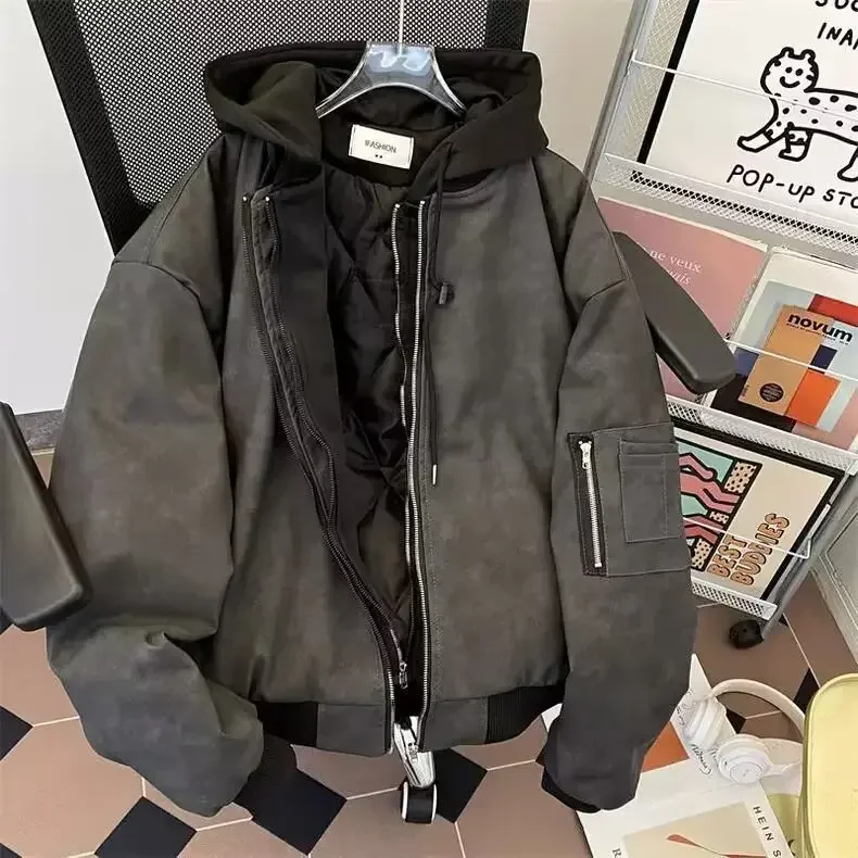 

Retro American Style Men's Leather Jacket Coat Spring Autumn Casual Hooded Vintage Fashion High Street Japanese Style Coat