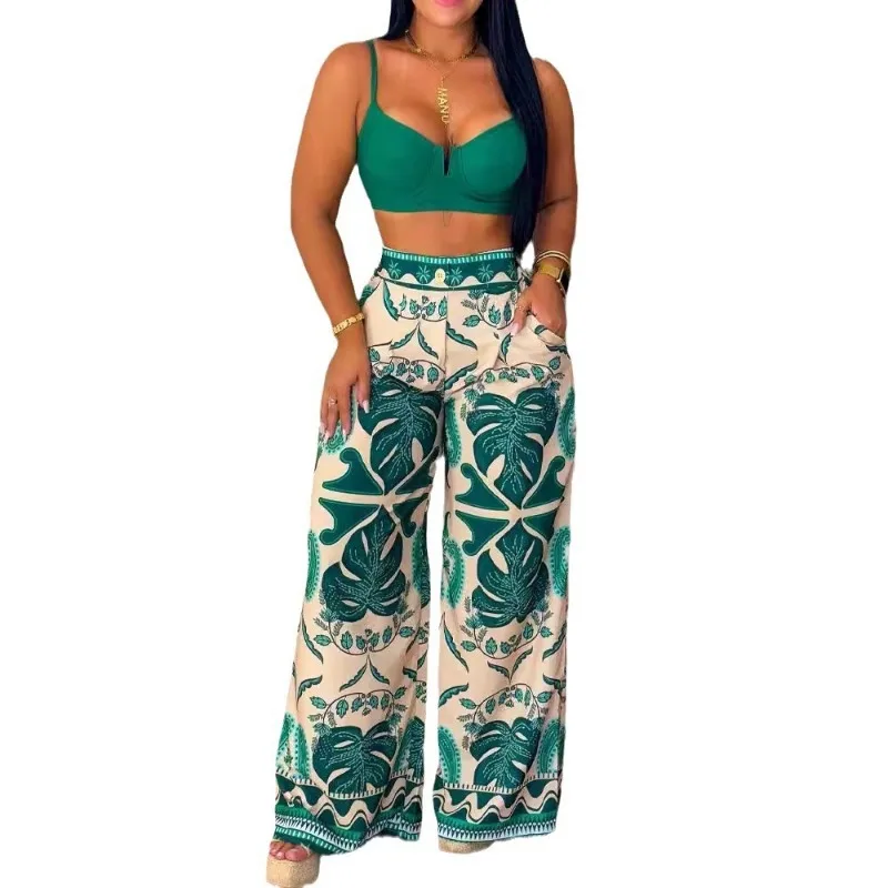 Calças de elástico na cintura feminina, estampa floral vegetal, roupas casuais, primavera e verão, novo, 2024