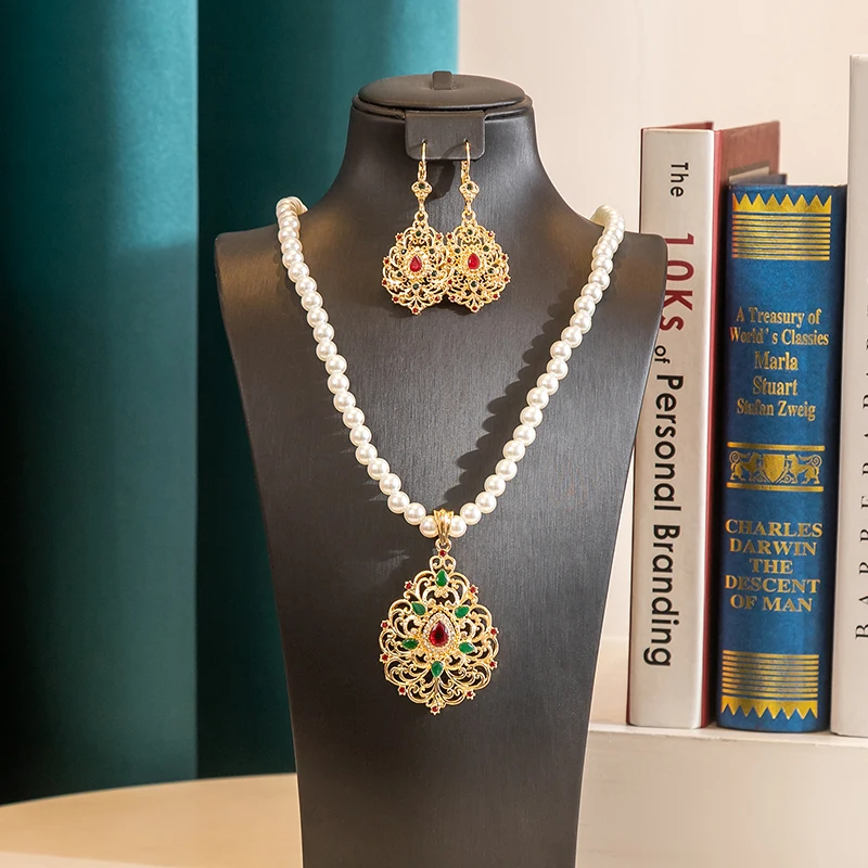 

Luxury Pearl Necklace Earrings Jewelry Set Ornate Golden Colored Gemstone Inlay Ideal For Wedding Gifts Bridal Party Accessories