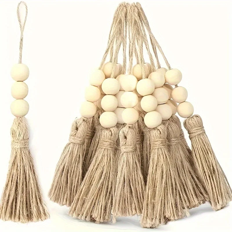 5PC jute rope tassel wooden bead pendant, handmade party decoration, backpack accessory, living room and house decor