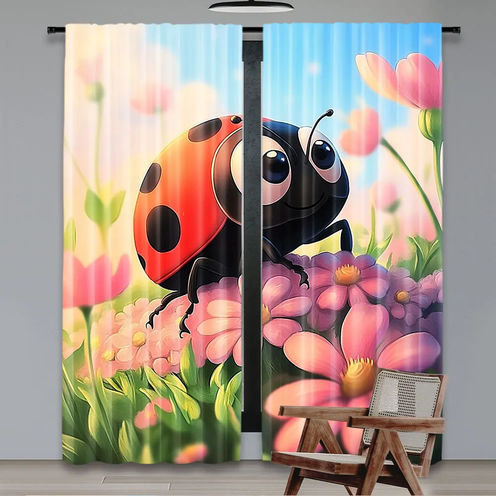 2Pcs Cartoon Ladybug Flower Curtain Aesthetic For Bedroom Wall Hanging Art For Living Room Dorm Backdrop Home Decoration