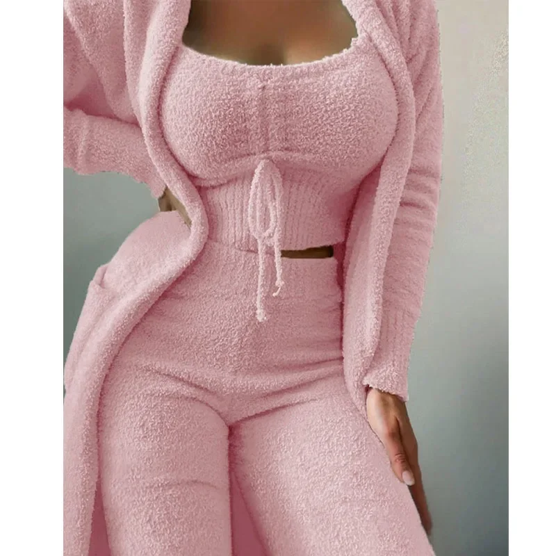 

2024 Autumn and Winter Women's Velvet Pajamas Set Top + Pants + Jacket 3-piece Set Warm Soft Fleece Home Clothes Christmas Pajam