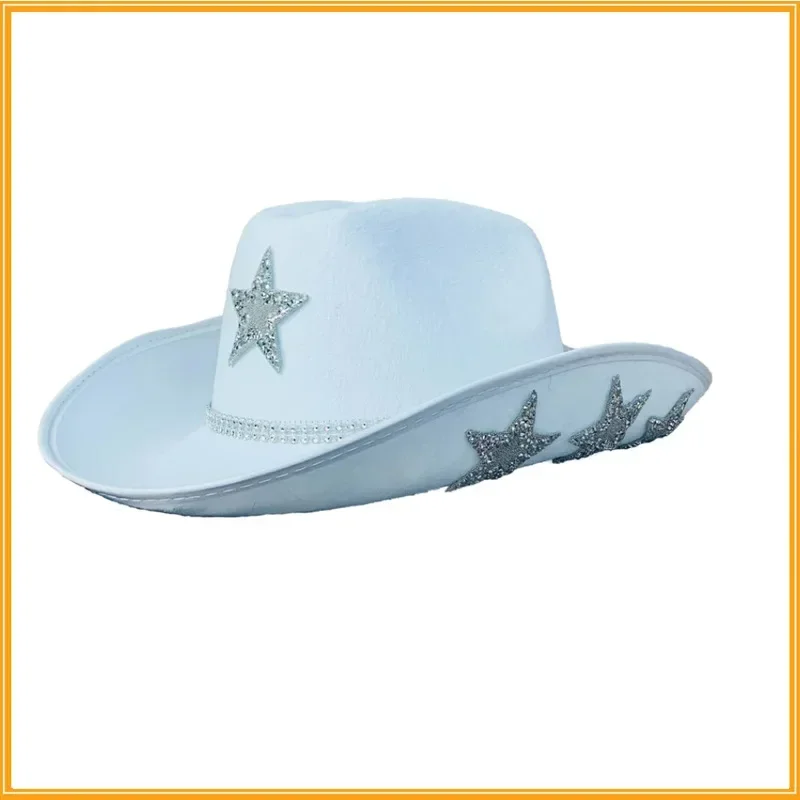 American Ladies Pentagram Cowboy Hat Diamond Rhinestone Star White Bridal Party Visor Fashion Hat Cosplay Party Play Dress Up