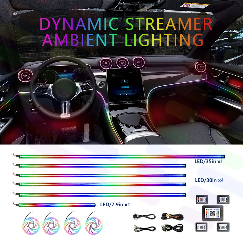 

18 In 1 Full Color Streamer Car Ambient Lights RGB 64 Color Universal LED Interior Hidden Acrylic Strip Symphony Atmosphere Lamp