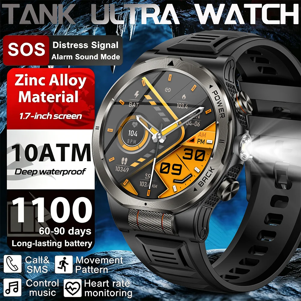 

2026New 1.7 Inches TANK SmartWatch Military Grade Durability 1000mah Battery HD Call 10ATM Waterproof Flashlight Sport Watch Men