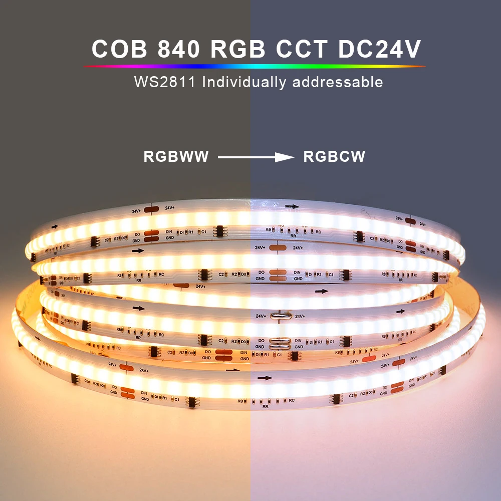 DC24V WS2811 Addressable COB LED Strip 840leds/m RGB CCT High Brightness High Density Flexible Tape Ribbon RA90 Led Lights 12mm