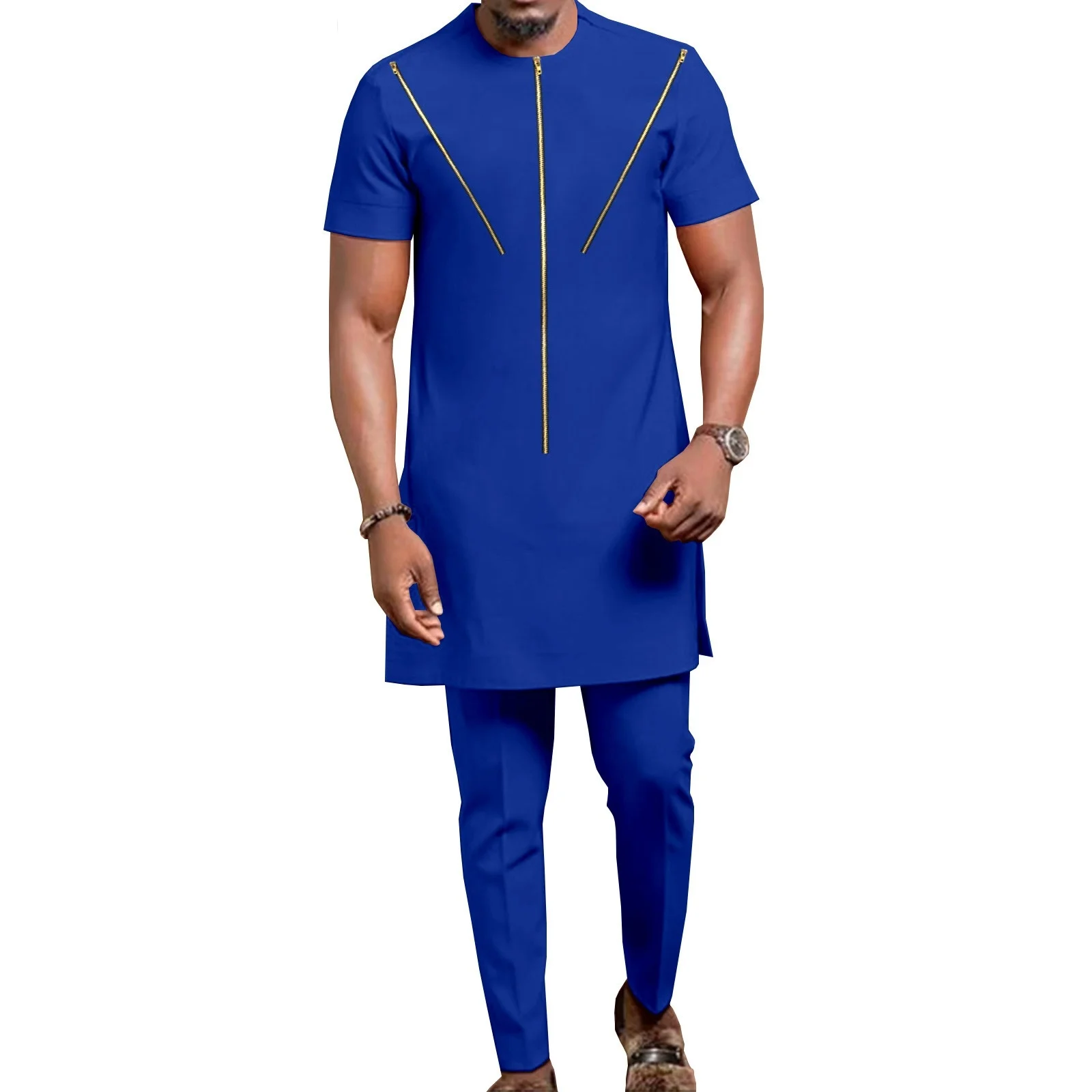 

African Suit for Men Big and Tall Dashiki Short Sleeve Tops Blouse+ Ankara Pants Tracksuit Pockets Wax Attire Formal