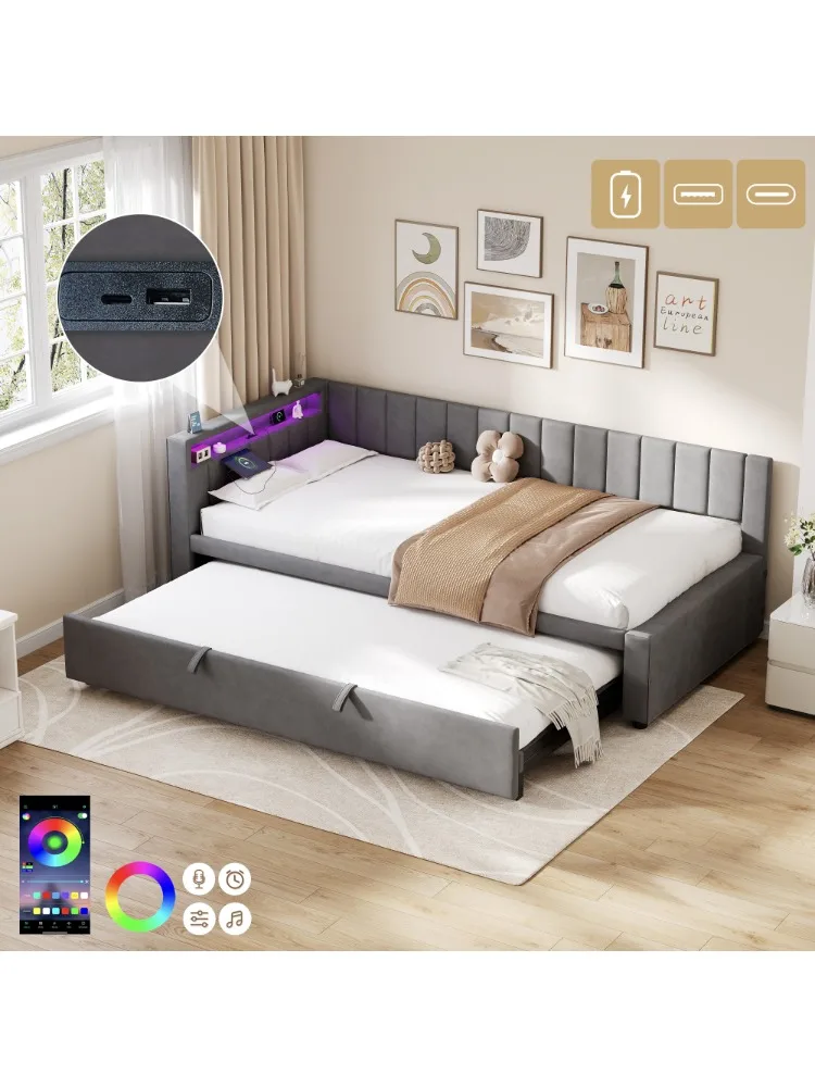 3ft Single Velvet Daybed, Sofa Bed with RGB LED Lights and Charging Station, Grey (No Mattress)