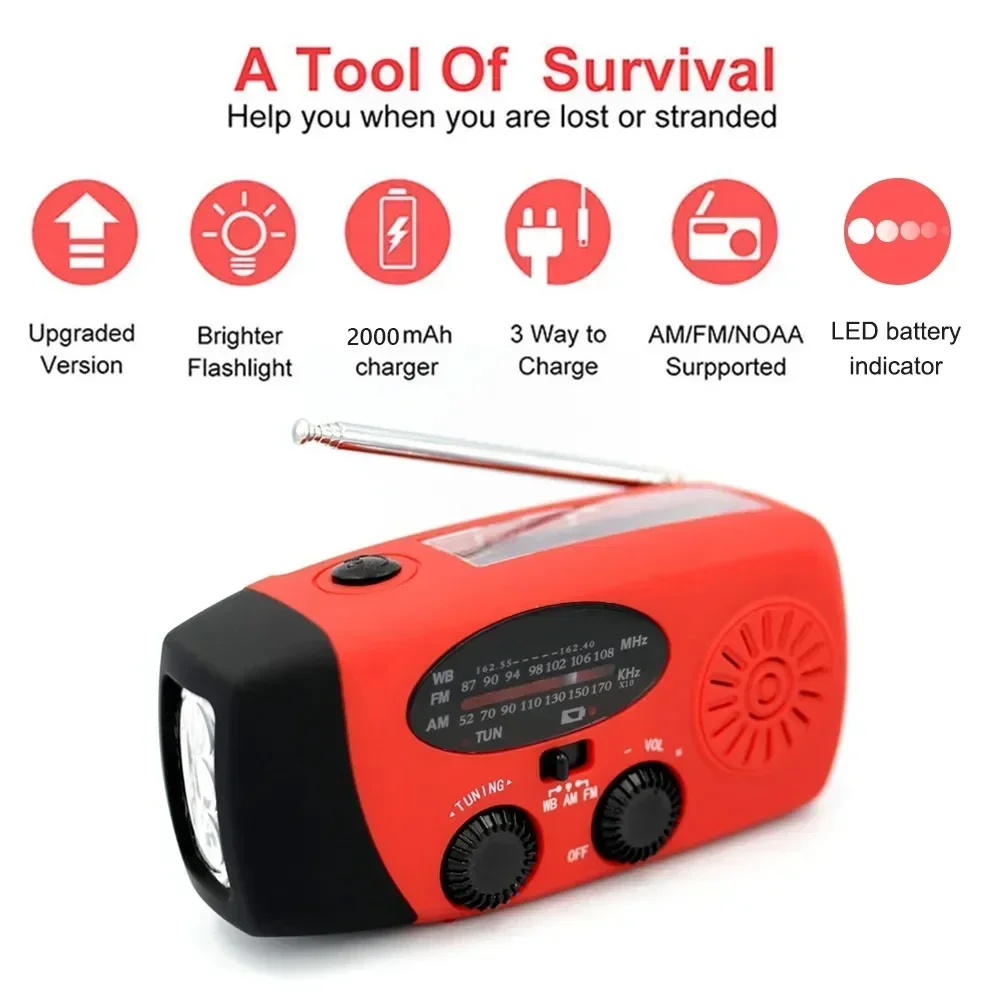 2024 New Emergency Radio Solar Power Hand Crank Radio Global receiver High Quality LED Torch Reading Light SOS Alarm 2000mAh