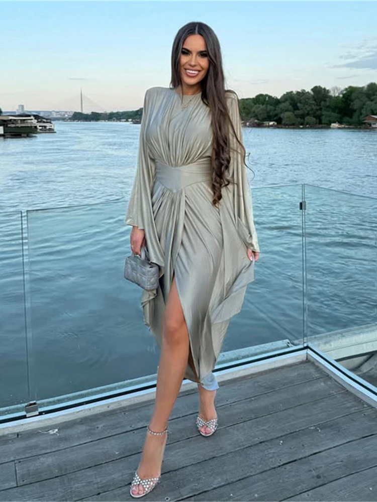 Weird Puss Classic Flare Sleeve Dress Women Patchwork O-Neck Irregular Hem Sexy Elegant Simple Skinny Evening Prom Party Bodycon