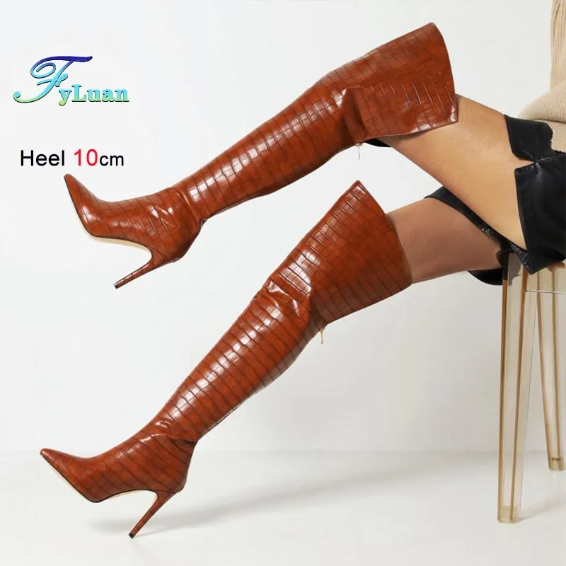 

Fashion Over The Knee Boots Sexy Stiletto Woman Thigh Boots Plaid Pattern Rear Zipper Long Boots Stage Show Shoes Lady Tall Boot