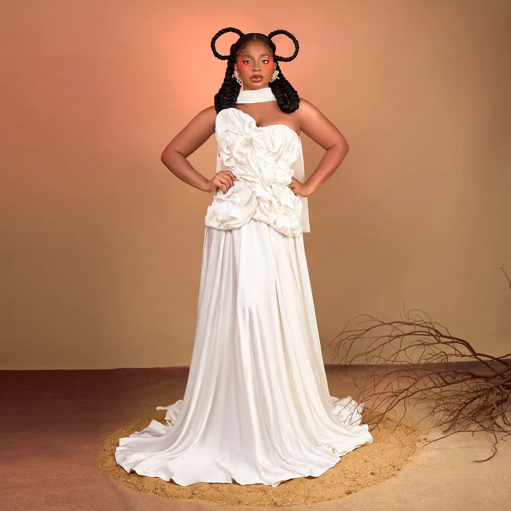 2026 Elegant White Satin Long Formal Dress Strapless Ruched Top Maxi Bridal Dress for African Women Pretty Party Wear