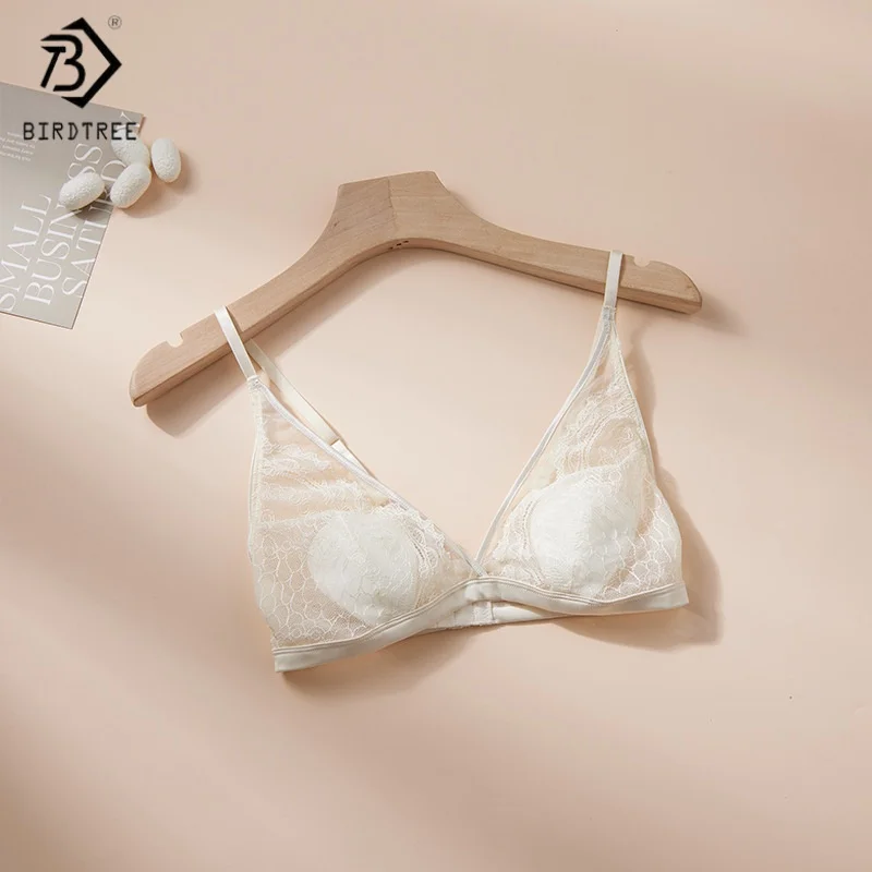 

Birdtree, беспроводной бюстгальтер из 100% шелка с подкладкой, женское дышащее кружевное нижнее белье с треугольной чашкой, французский стиль, новинка 2025 года A5D642JF