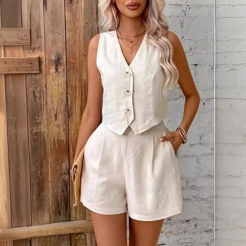 

Summer Leisure Commuting Front Single Breasted Buckle Vest and Shorts Set V-Neck Vest Two-Piece Set