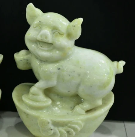 China Lantian Jade Stone Carving Feng shui Yuanbao Pig Money Wealth Statue Pair