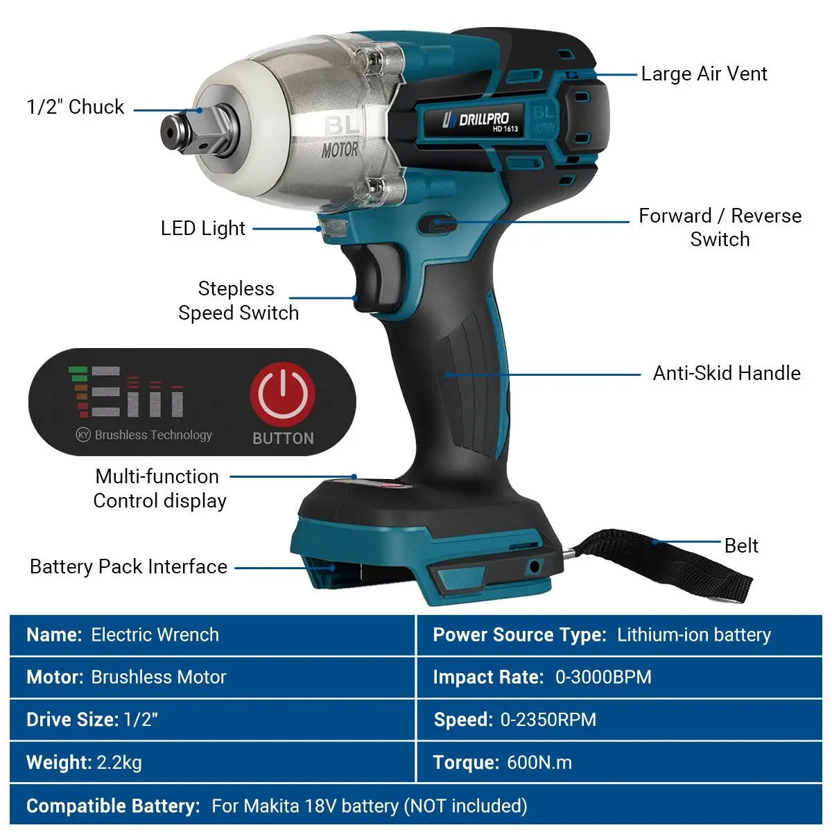 Drillpro kunci pas elektrik dampak tanpa sikat, alat perbaikan mobil tanpa kabel 2350RPM 2350 inci 1/2 RPM untuk baterai 18V