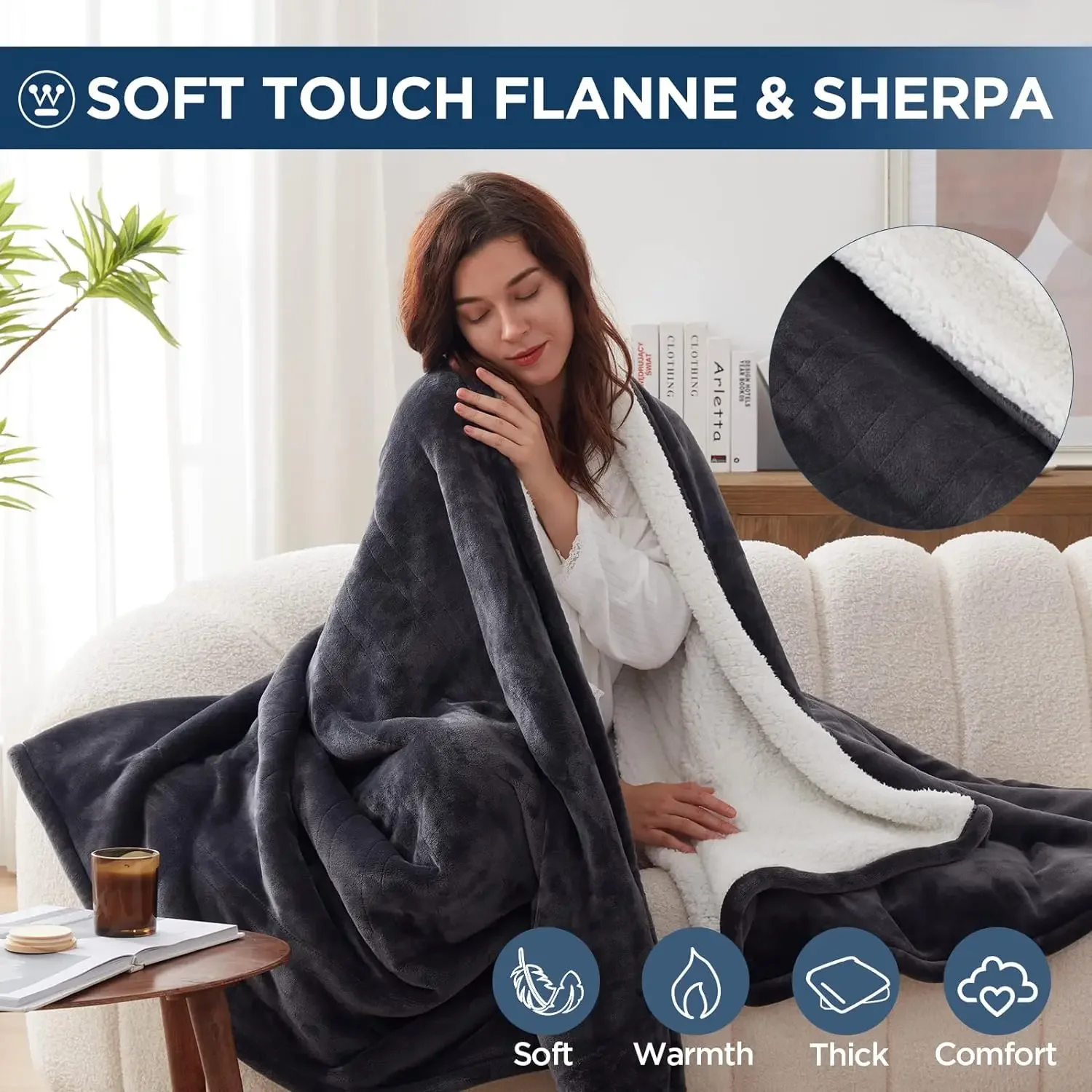 Westinghouse Electric Blanket Heated Blanket | 10 Heating Levels&1 to 12 Hours Heating Time Settings|Flannel to Sherpa Reversibl