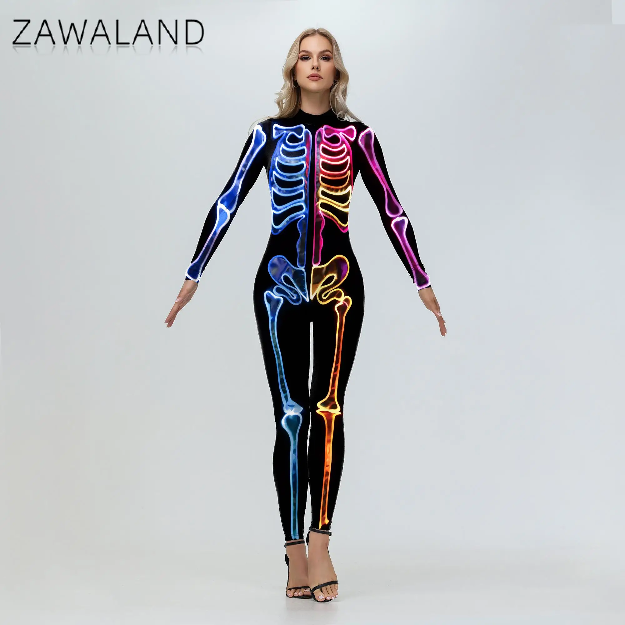 Zawaland Halloween Costumes Zentai Bodysuit Women Boys Gril Carnival Skeleton Printed Jumpsuit Mother Daughter Cosplay Costumes