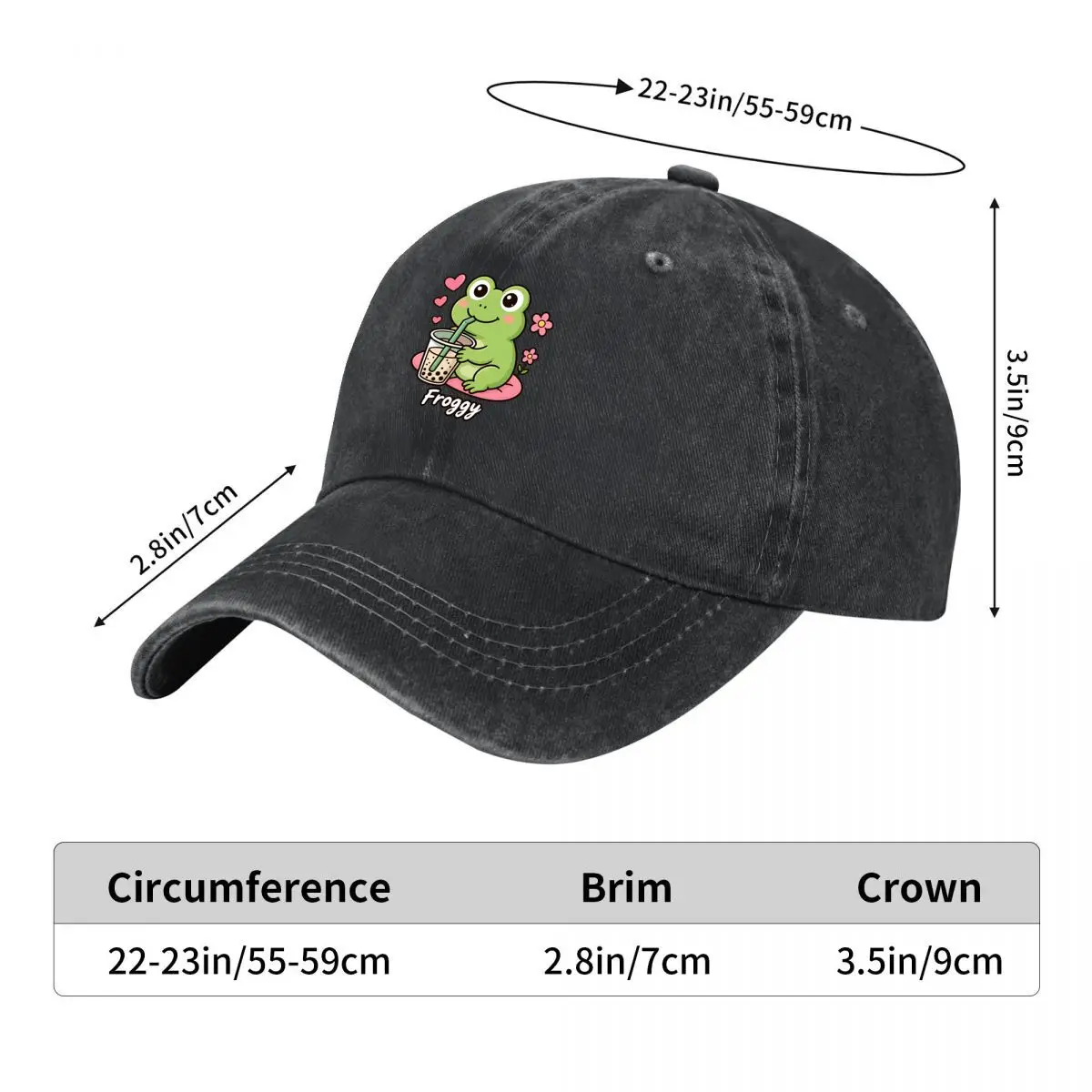 Froggy Drinking Bubble Tea With Hearts And Flowers Washed Baseball Cap Outdoor Hat